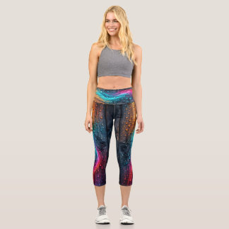 Rainbow Glow Wood Grain Water Droplet Abstract Capri Leggings