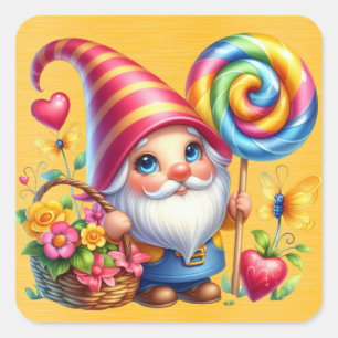Rainbow Gnome Flower Basket Candy  Square Sticker