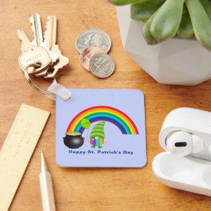 Rainbow Gnome Pot of Gold St Paddys Day Metal Sq Key Ring