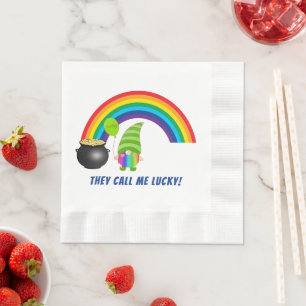 Rainbow Gnome Pot of Gold St Patricks Day Coined Napkin