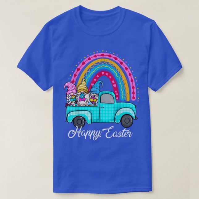 Rainbow gnomes with Bunny Eggs Hunting Truck Easte T-Shirt (Design Front)