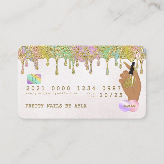 Rainbow Gold Glitter Drip Nail Technician Credit B Business Card (Front)