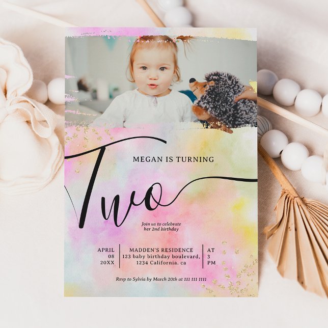 Rainbow gold glitter pastel one photo 2nd birthday invitation (Creator Uploaded)