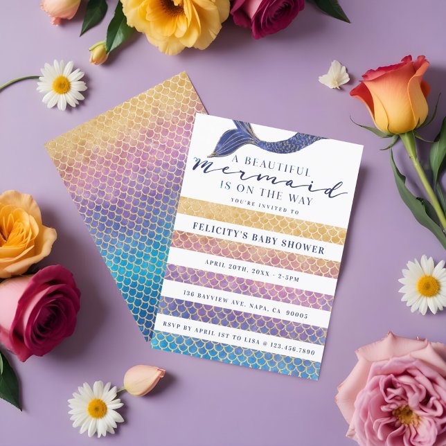 Rainbow + Gold Mermaid Scales & Stipe Baby Shower Invitation (Rainbow + Gold Mermaid Scales & Stipe Baby Shower Invitation)