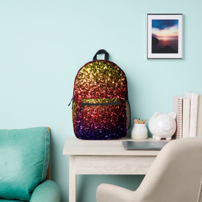 Rainbow gold red purple faux glitter sparkles printed backpack (Insitu)