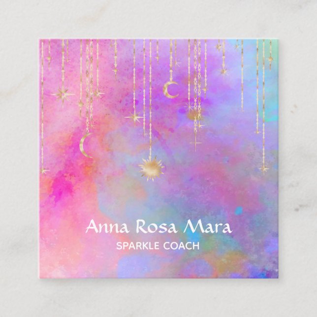 *~* Rainbow Gold Sparkle Glitter Moon Sun Square Business Card (Front)