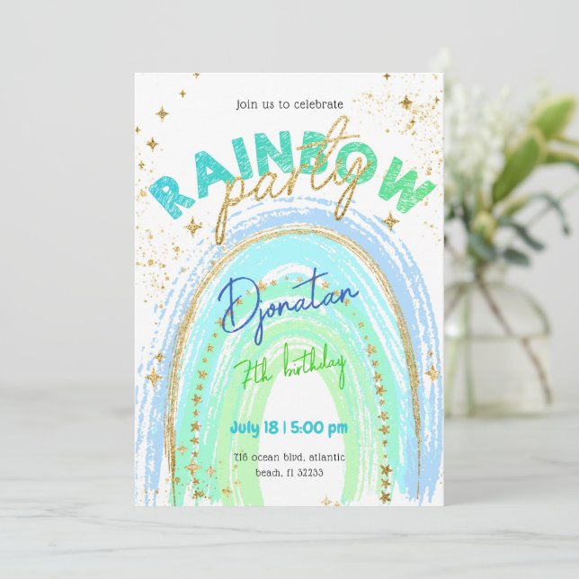 Rainbow Gold Stars Birthday Invitation (Standing Front)