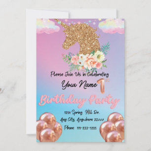 Rainbow Gold Unicorn Birthday Invitation