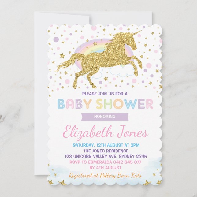 Rainbow Gold Unicorn / Magical Stars Baby Shower Invitation (Front)