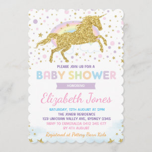 Rainbow Gold Unicorn / Magical Stars Baby Shower Invitation