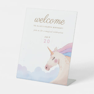 Rainbow Gold Watercolor Unicorn Birthday   Welcome Pedestal Sign
