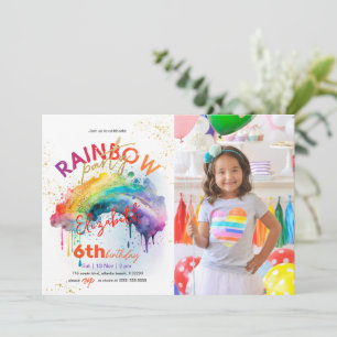 Rainbow Gold Watercolour Photo Birthday Invitation