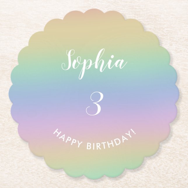 Rainbow Gradient Colourful Pastel Kids Birthday Paper Coaster (Front)