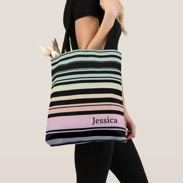 Rainbow Gradient Pastel Stripes Personalised  Tote Bag (Close Up)