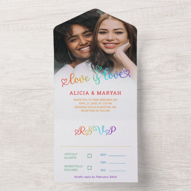 Rainbow Gradient Script Love Is Love Wedding All In One Invitation (Inside)