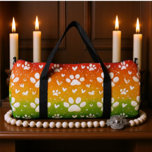 Rainbow Gradient White Paw Print Duffle Bag