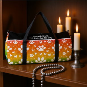 Rainbow Gradient White Paw Print Monogram Personal Duffle Bag