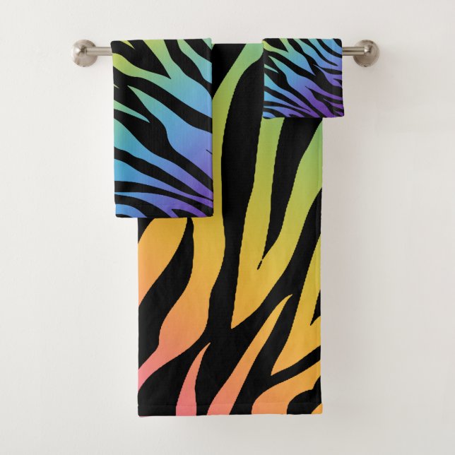 Rainbow Gradient Zebra Stripes Print on Black Bath Towel Set (Insitu)