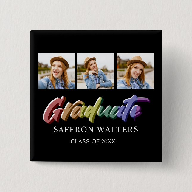 Rainbow Graduate 3 Photo Graduation 15 Cm Square Badge (Front)