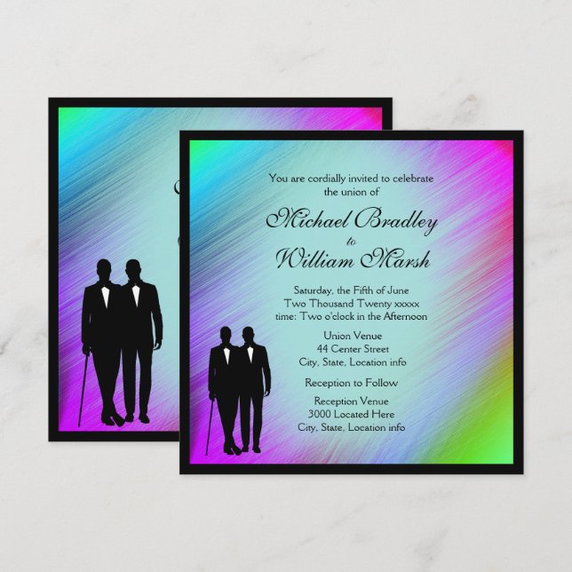  Rainbow Green Accent Gay Wedding Invite (Front/Back)