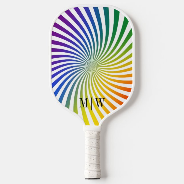 Rainbow Green Blue Red Orange Sunburst Monogrammed Pickleball Paddle (Front)