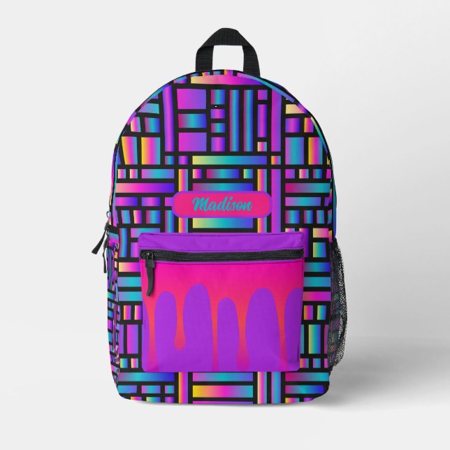 Rainbow Grid Glow Personalised Drip Pocket Edition Printed Backpack (Front)