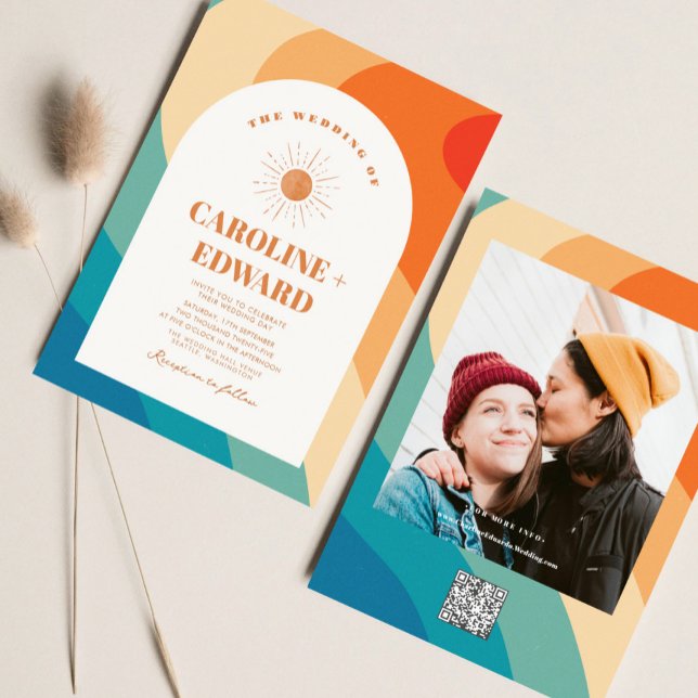 Rainbow Groovy Colourful Wavy Boho Wedding Qr Code Invitation (Creator Uploaded)