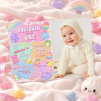 Rainbow Groovy Squishy Girl 1st Birthday Photo Invitation