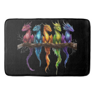 Rainbow Group of Baby Dragons on Black Bath Mat