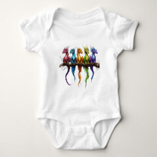 Rainbow Group of Baby Dragons on Black Bodysuit