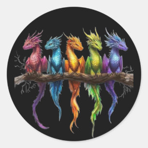 Rainbow Group of Baby Dragons on Black Classic Round Sticker