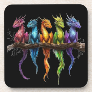 Rainbow Group of Baby Dragons on Black Coaster
