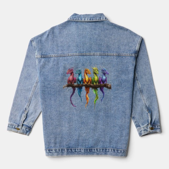 Rainbow Group of Baby Dragons on Black Denim Jacket (Back)