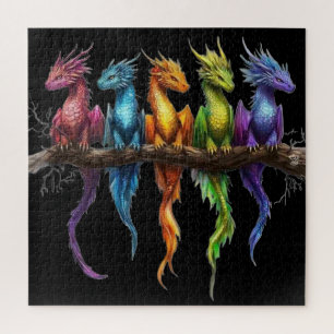 Rainbow Group of Baby Dragons on Black Jigsaw Puzzle