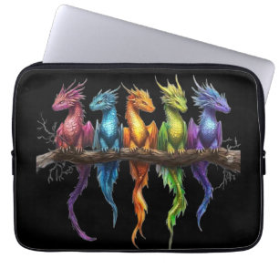 Rainbow Group of Baby Dragons on Black Laptop Sleeve