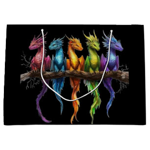 Rainbow Group of Baby Dragons on Black Large Gift Bag