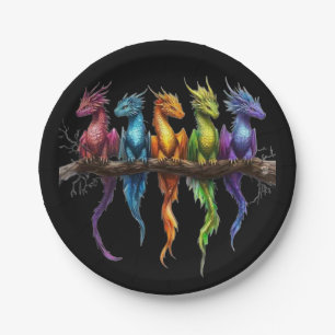 Rainbow Group of Baby Dragons on Black Paper Plate