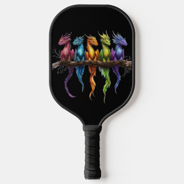 Rainbow Group of Baby Dragons on Black Pickleball Paddle (Front)