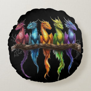 Rainbow Group of Baby Dragons on Black Round Cushion
