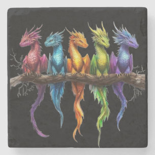 Rainbow Group of Baby Dragons on Black Stone Coaster