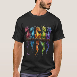 Rainbow Group of Baby Dragons on Black T-Shirt