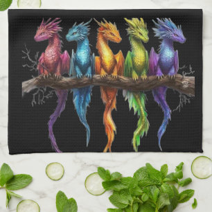 Rainbow Group of Baby Dragons on Black Tea Towel