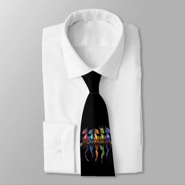 Rainbow Group of Baby Dragons on Black Tie (Tied)