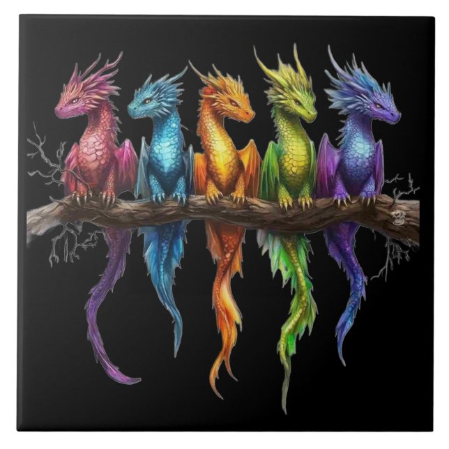 Rainbow Group of Baby Dragons on Black Tile (Front)