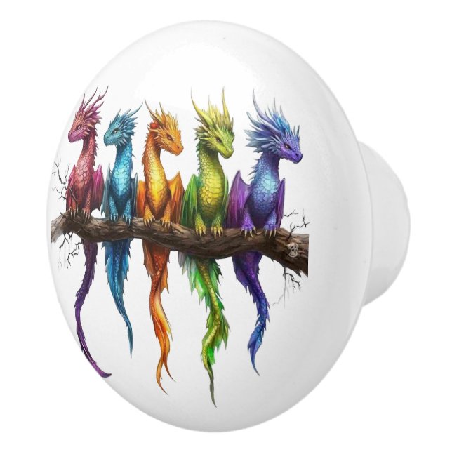Rainbow Group of Baby Dragons on  Ceramic Knob (Right)