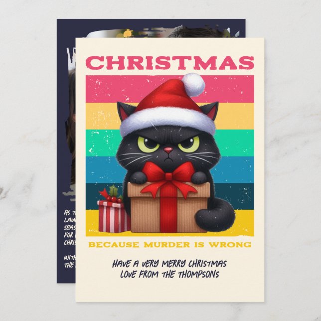 Rainbow Grunge Funny Cat Retro Christmas Photo Holiday Card (Front/Back)