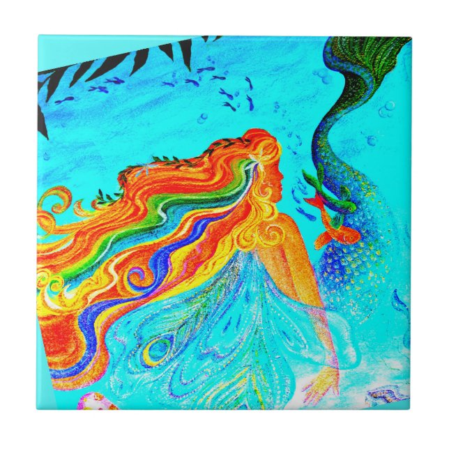 rainbow hair mermaid blue tile (Front)
