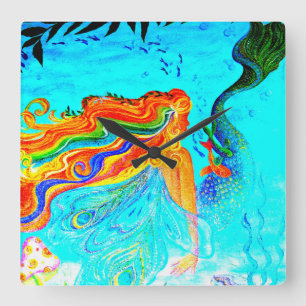 rainbow hair mermaid clock