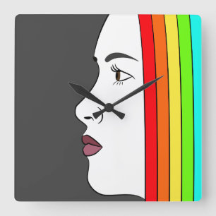 Rainbow Hair Square Wall Clock