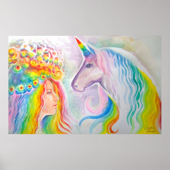 Rainbow haired girl and unicorn poster (Front)